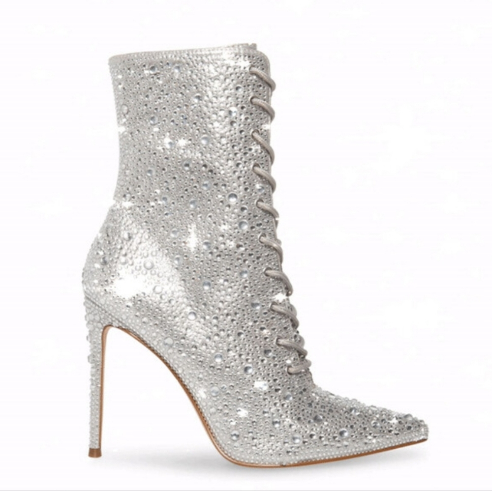 Steve Madden Blingy Valency Rhinestone Stilletto Heel Zip and Lace-Up Booties